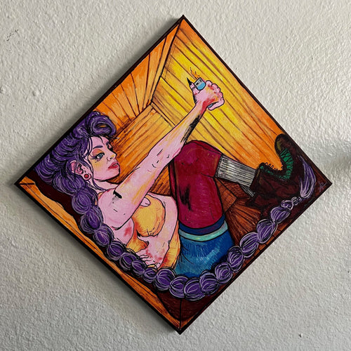 Colorful artwork of a woman with purple hair on a textured white wall