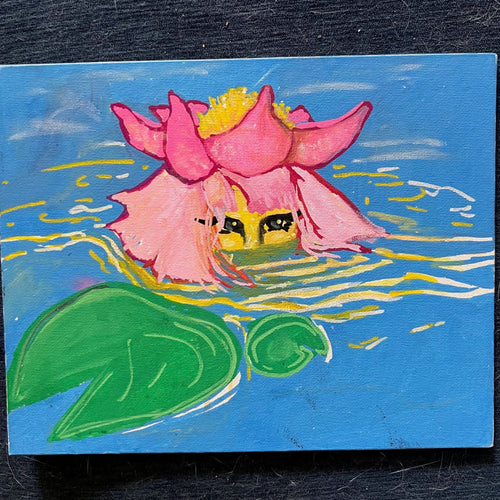 Colorful illustration of a pink flower with a green leaf on a blue background
