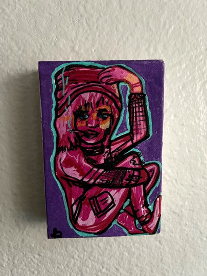 Small rectangular painting of a character with pink hair and outfit on a purple background