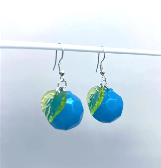 Berry Resin Dangle Earrings - Handmade Fruit Jewelry with Botanical Leaf Detail