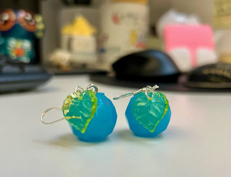 Berry Resin Dangle Earrings - Handmade Fruit Jewelry with Botanical Leaf Detail