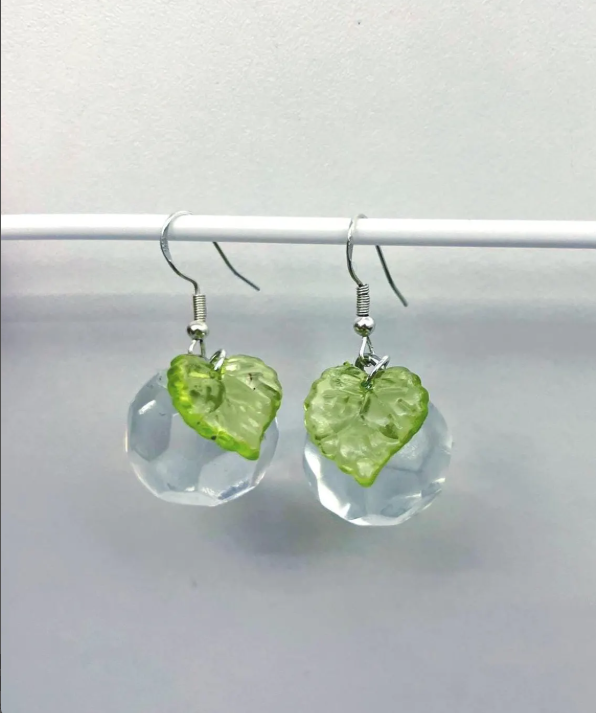 Berry Resin Dangle Earrings - Handmade Fruit Jewelry with Botanical Leaf Detail