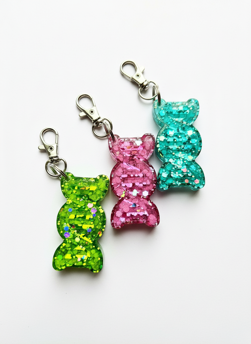 Enhanced gummy bear keychains on white background