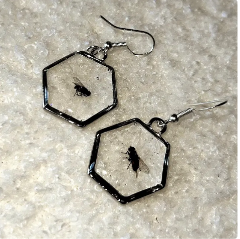 Hexagonal earrings with embedded insects on a textured surface