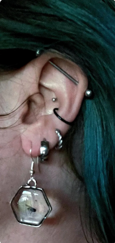 Close-up of an ear with real fly earrings