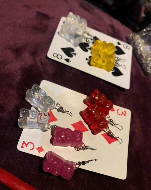 Chunky Glittery Handcrafted Gummy Bear Dangle Earrings, Gift for Her, Teddy Bear Lover Gift, Colorful Food Candy Resin Jewelry for All Ages