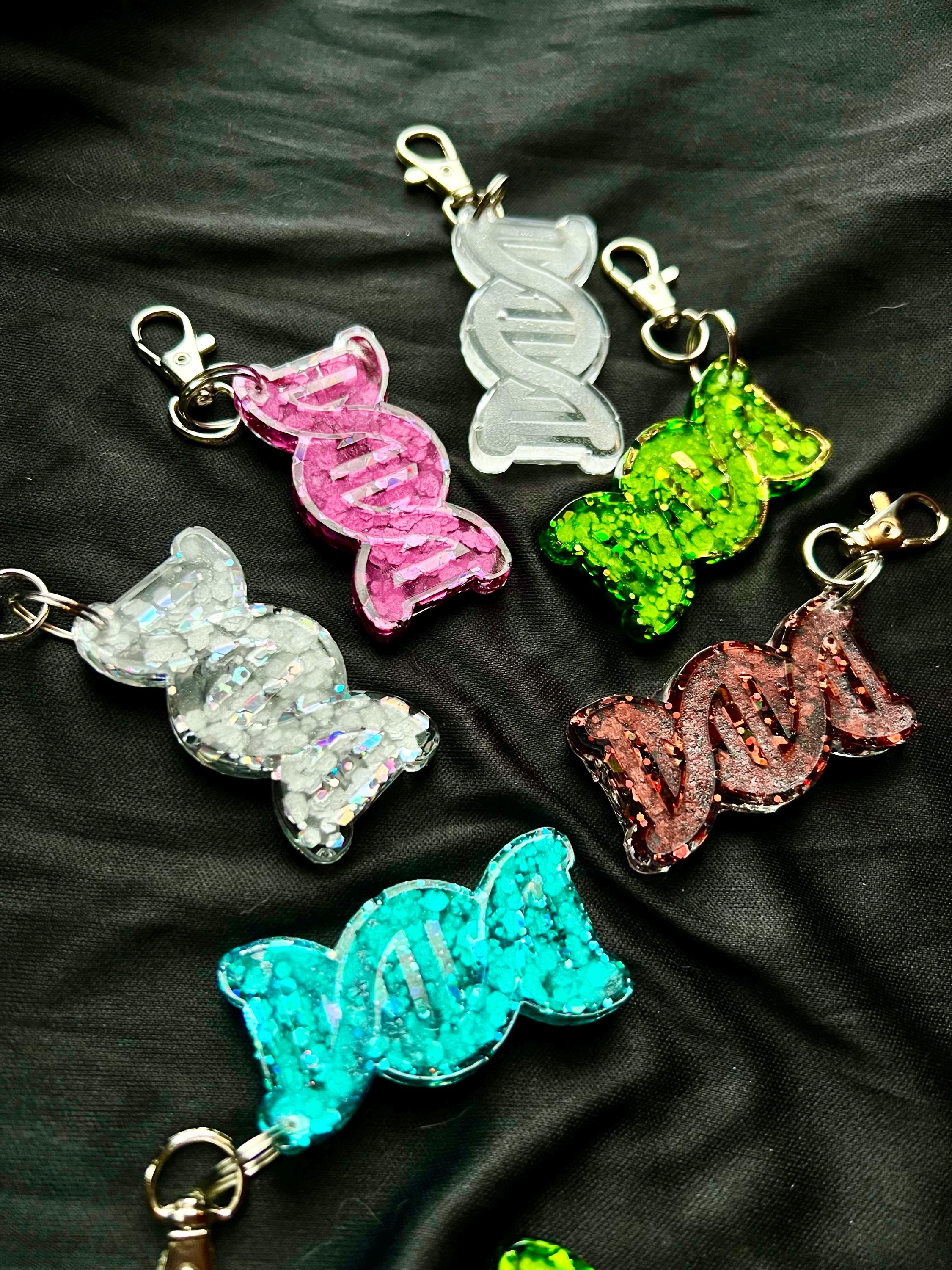 DNA Keychain: Customizable Handmade Holographic Glitter, Chemistry Gifts, Biologist Bag Charm, Handcrafted, Science-Inspired Clip-On Gifts