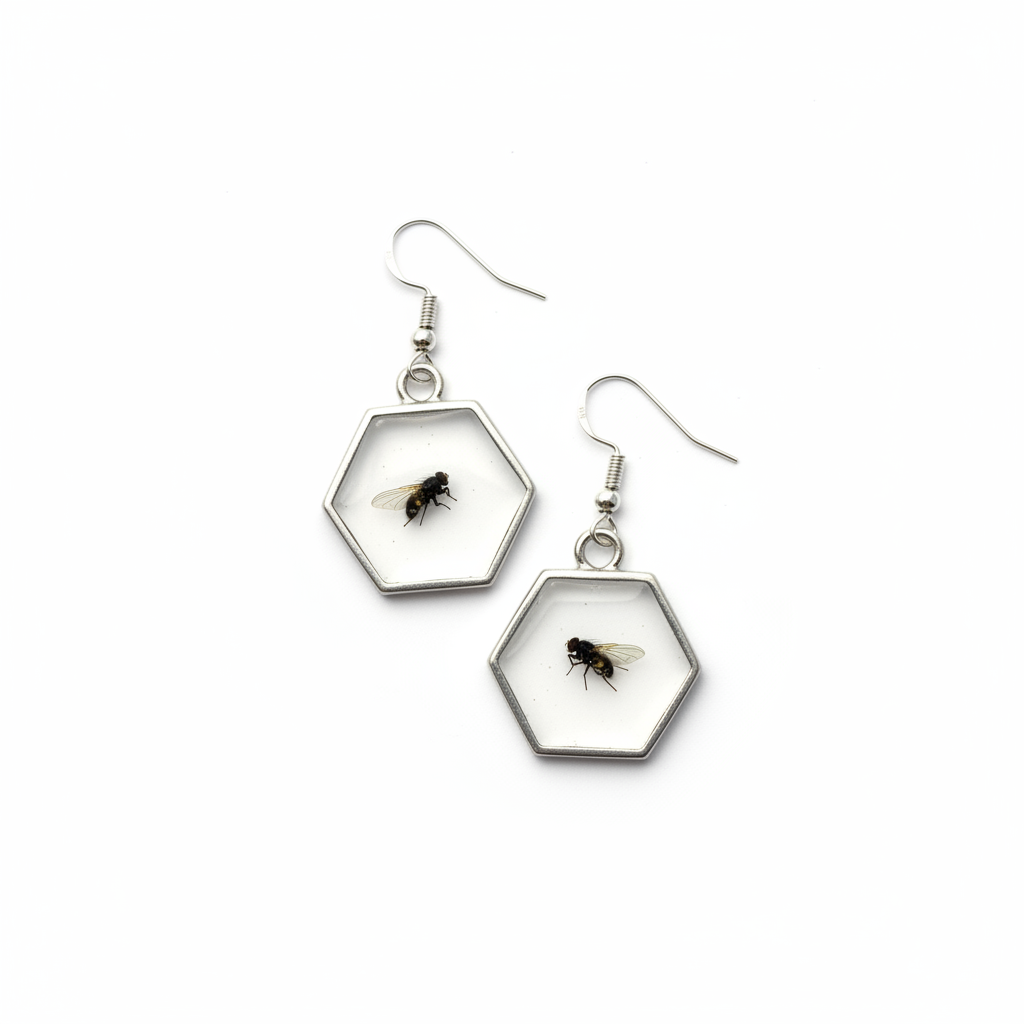 Hexagonal earrings with embedded insects on a white background